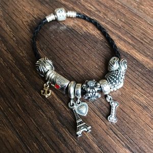 Leather Pandora Bracelet with charms and clips